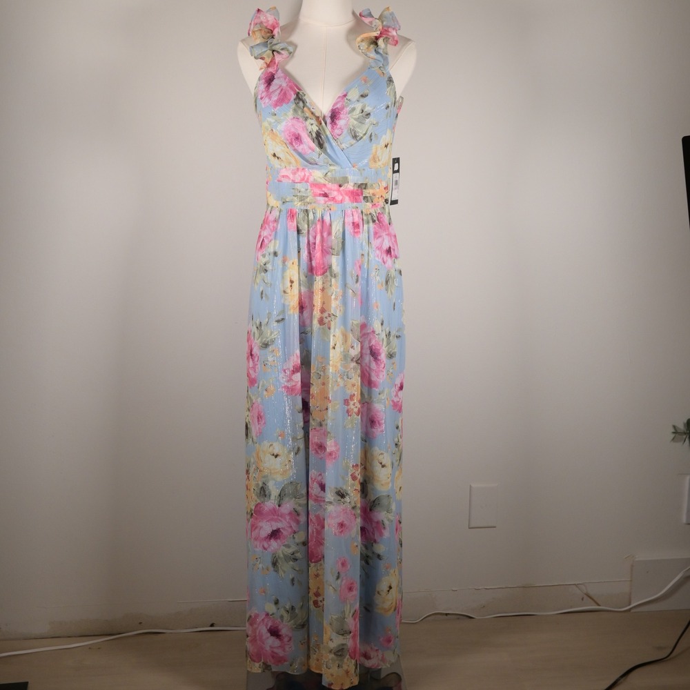 Jessica Howard Sky Blue Floral Metallic Ruffle Maxi Dress 6P IH4P6031